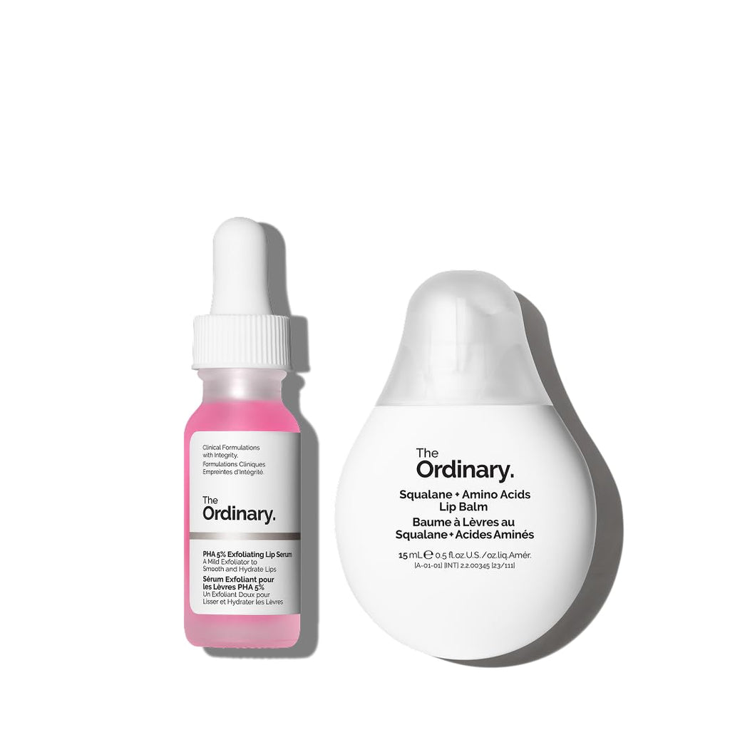 The Ordinary Lip Care Duo - Skin Care Bundle Set - PHA 5% Exfoliating Lip Serum 0.5 Fl Oz + Squalane and Amino Acids Lip Balm