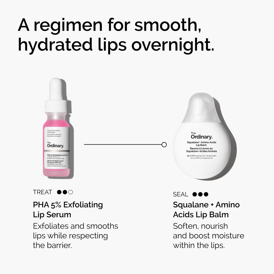 The Ordinary Lip Care Duo - Skin Care Bundle Set - PHA 5% Exfoliating Lip Serum 0.5 Fl Oz + Squalane and Amino Acids Lip Balm