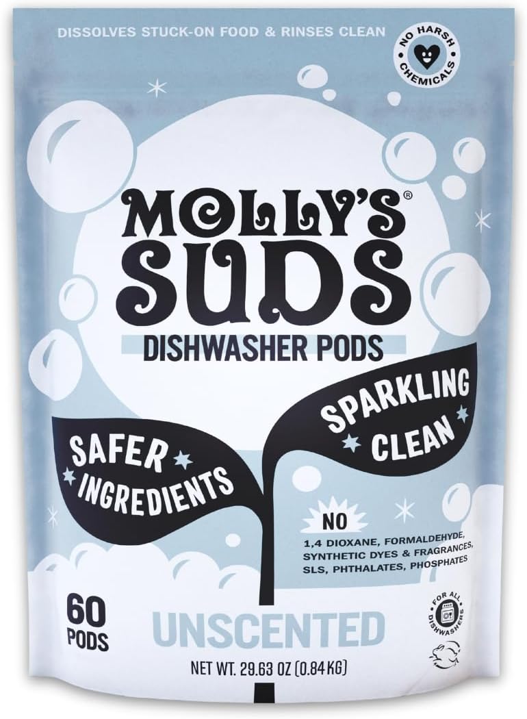 Molly's Suds Dishwasher Pods | Clean Dishwasher Detergent, Cuts Grease & Rinses Clean (Residue-Free) for Sparkling Dishes | 60 Auto-Release Tabs (Unscented)