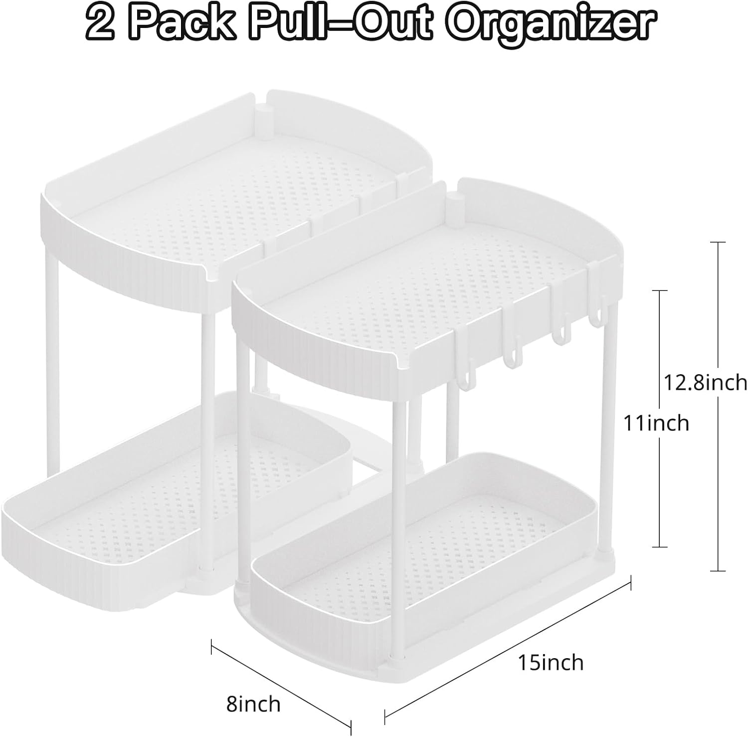 2 Pack Multi-Purpose Pull-Out Storage Organizers, Under Sink & Cabinet Storage, 12.8 Inch, White