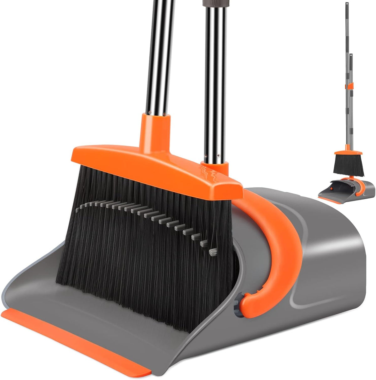 Broom and Dustpan Set for Home, Broom and Dustpan Combo for Office, Long Handle Broom with Upright Standing Dust pan,Indoor&Outdoor Sweeping (Gray&Orange)