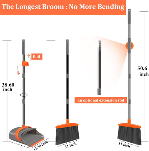 Broom and Dustpan Set for Home, Broom and Dustpan Combo for Office, Long Handle Broom with Upright Standing Dust pan,Indoor&Outdoor Sweeping (Gray&Orange)