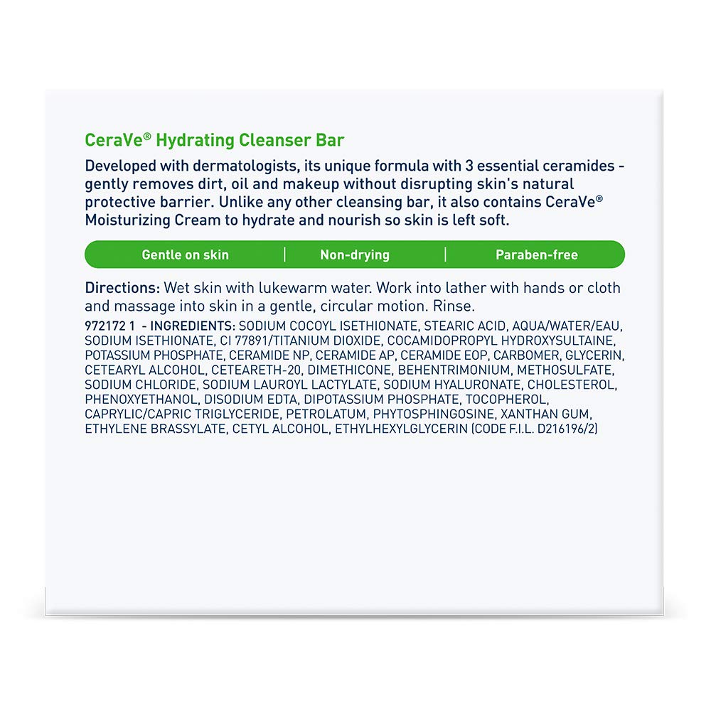 CeraVe Hydrating Cleanser Bar, Soap-Free Body and Facial Cleanser with 5% Moisturizing Cream, Fragrance-Free, 2-Pack, 4.5 Ounce Each
