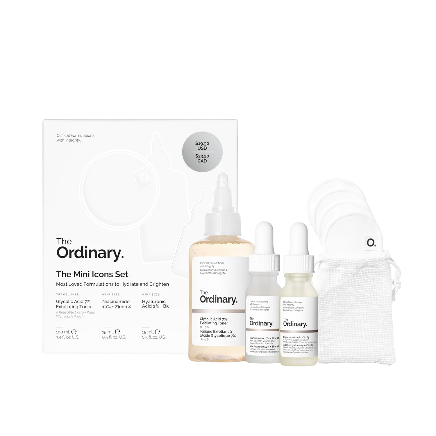 The Ordinary The Mini Icons Set, Travel Size Skin Care to Hydrate and Brighten, Glycolic Acid 7% Exfoliating Toner, Niacinamide 10% + Zinc 1%, Hyaluronic Acid 2% + B5, 4 Reusable Rounds