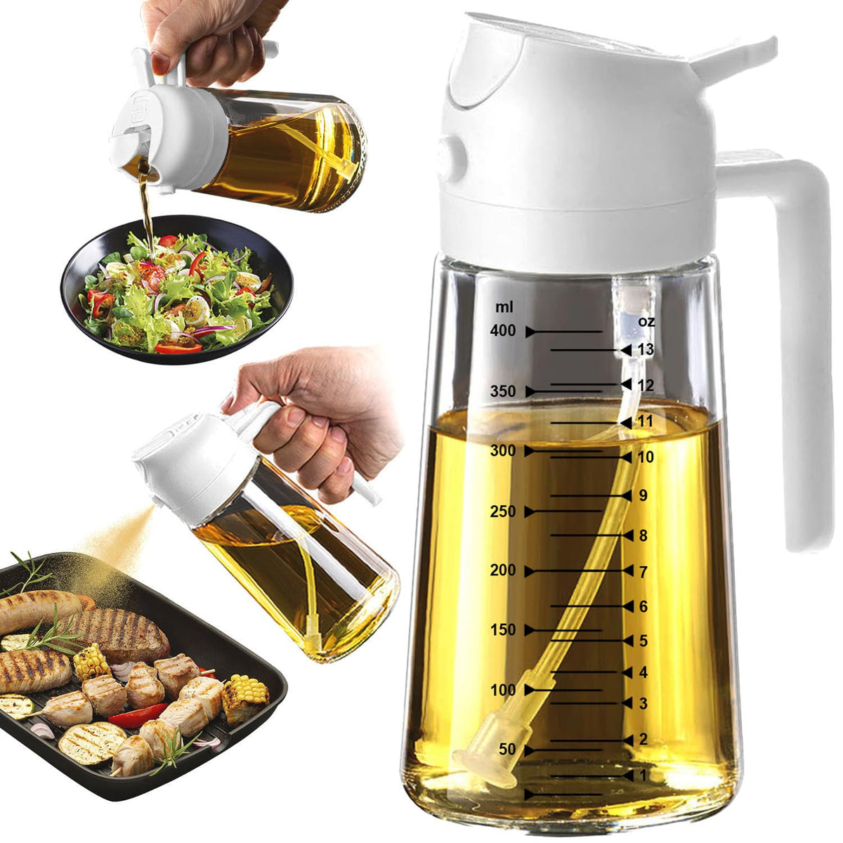 TrendPlain 16oz/470ml Glass Olive Oil Sprayer for Cooking – 2 in 1 Olive Oil Dispenser Bottle for Kitchen Gadgets and Air Fryer Accessories, Salad, BBQ - Black