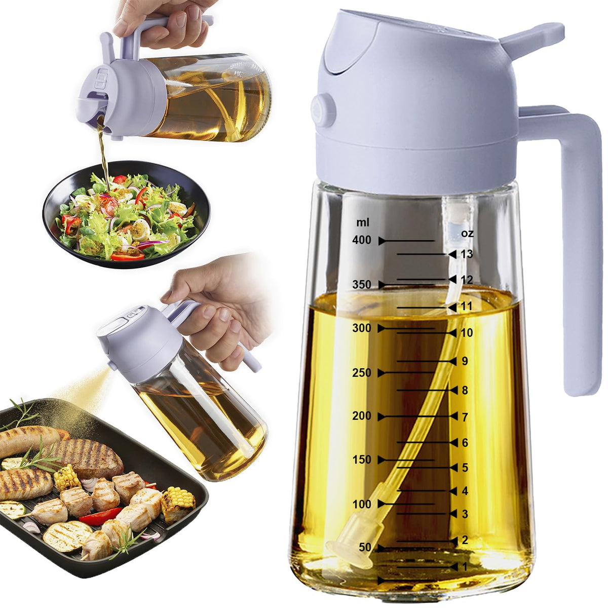 TrendPlain 16oz/470ml Glass Olive Oil Sprayer for Cooking – 2 in 1 Olive Oil Dispenser Bottle for Kitchen Gadgets and Air Fryer Accessories, Salad, BBQ - Black