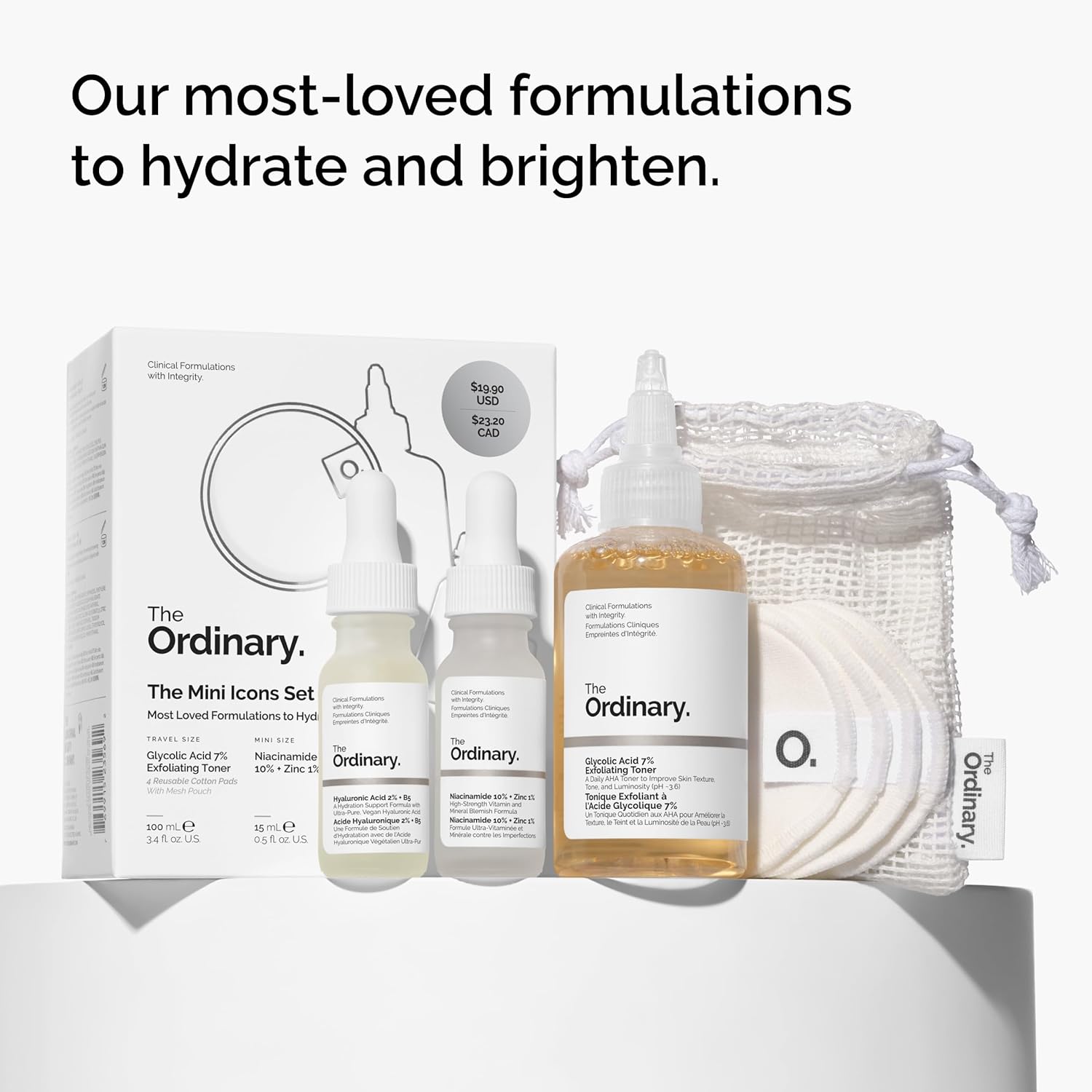 The Ordinary The Mini Icons Set, Travel Size Skin Care to Hydrate and Brighten, Glycolic Acid 7% Exfoliating Toner, Niacinamide 10% + Zinc 1%, Hyaluronic Acid 2% + B5, 4 Reusable Rounds