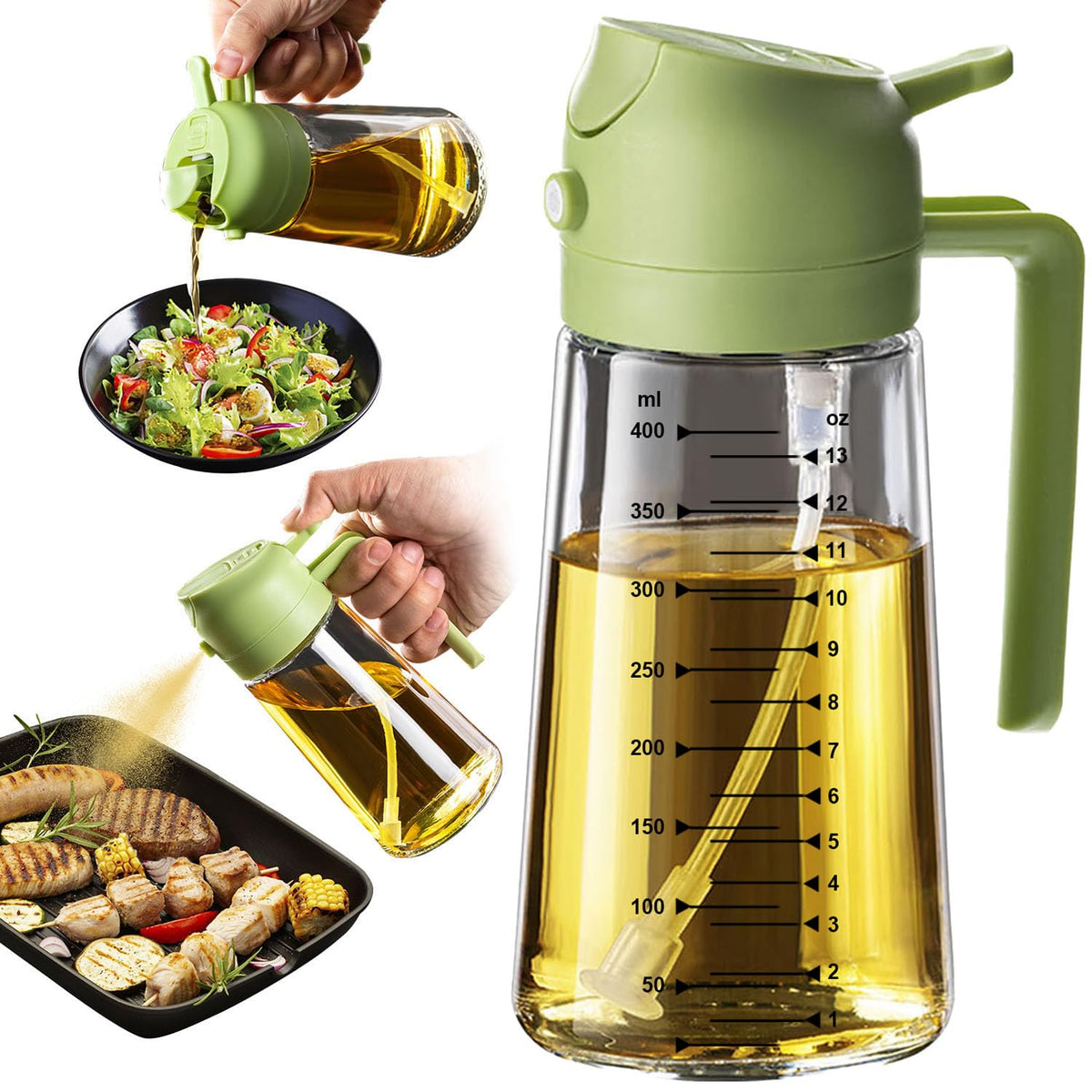 TrendPlain 16oz/470ml Glass Olive Oil Sprayer for Cooking – 2 in 1 Olive Oil Dispenser Bottle for Kitchen Gadgets and Air Fryer Accessories, Salad, BBQ - Black