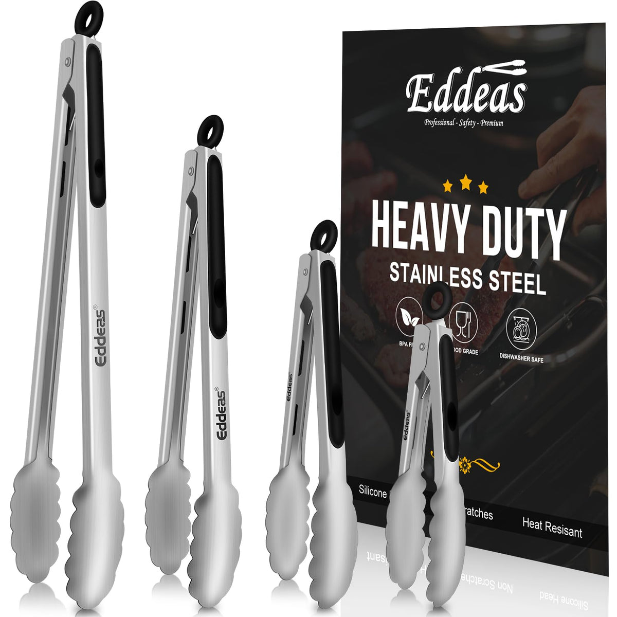 Tongs For Cooking - Heat Resistant 600 Degrees Stainless Steel Kitchen Tong,Heavy Duty Metal Locking Tongs - Perfect for Food,Salad and BBQ set of 3 (7",9" and 12") Dishwasher