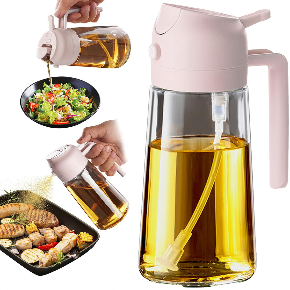 TrendPlain 16oz/470ml Glass Olive Oil Sprayer for Cooking – 2 in 1 Olive Oil Dispenser Bottle for Kitchen Gadgets and Air Fryer Accessories, Salad, BBQ - Black
