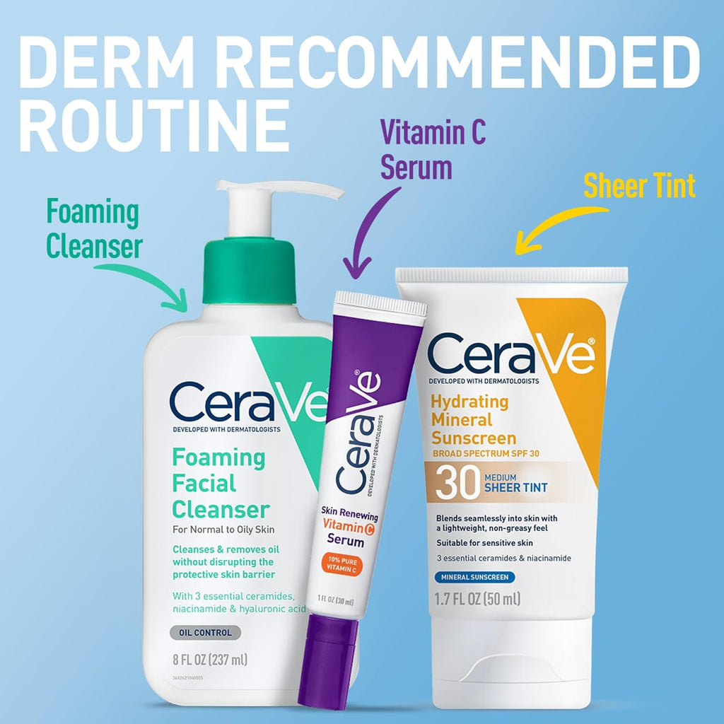 CeraVe Hydrating Mineral Sunscreen SPF 30 with Sheer Tint, Tinted Mineral Sunscreen with Zinc Oxide & Titanium Dioxide, Blends Seamlessly For Healthy Glow, Medium, 1.7 Fluid Ounce
