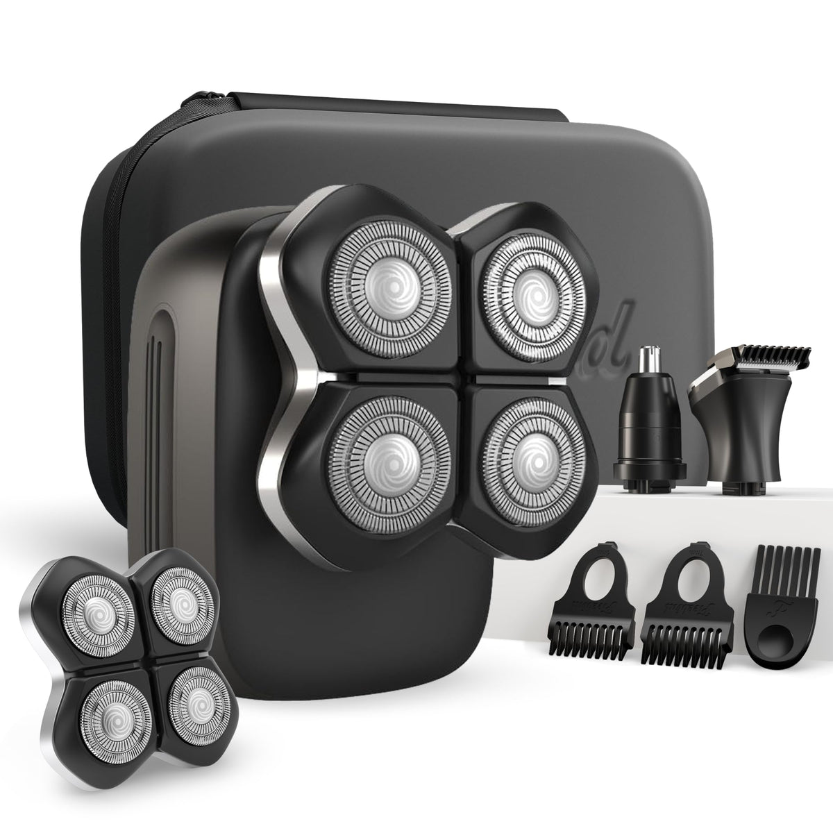 Freebird FlexSeries Electric Head & Body Hair Shaver - Mens Cordless Rechargeable Wet/Dry Skull Bald Head Back & Groin Waterproof Razor with Rotary Blades, Clippers, Nose Trimmer, Brush, Massager