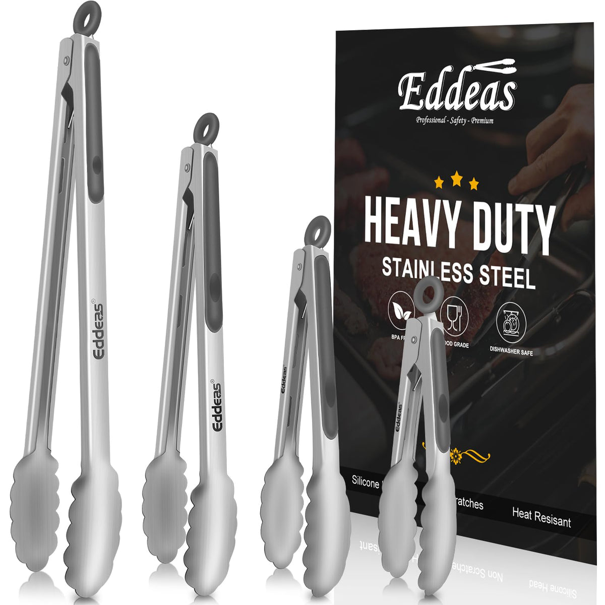 Tongs For Cooking - Heat Resistant 600 Degrees Stainless Steel Kitchen Tong,Heavy Duty Metal Locking Tongs - Perfect for Food,Salad and BBQ set of 3 (7",9" and 12") Dishwasher