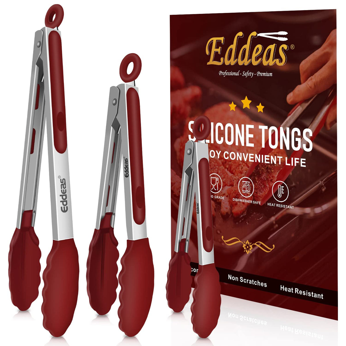Tongs For Cooking - Heat Resistant 600 Degrees Stainless Steel Kitchen Tong,Heavy Duty Metal Locking Tongs - Perfect for Food,Salad and BBQ set of 3 (7",9" and 12") Dishwasher