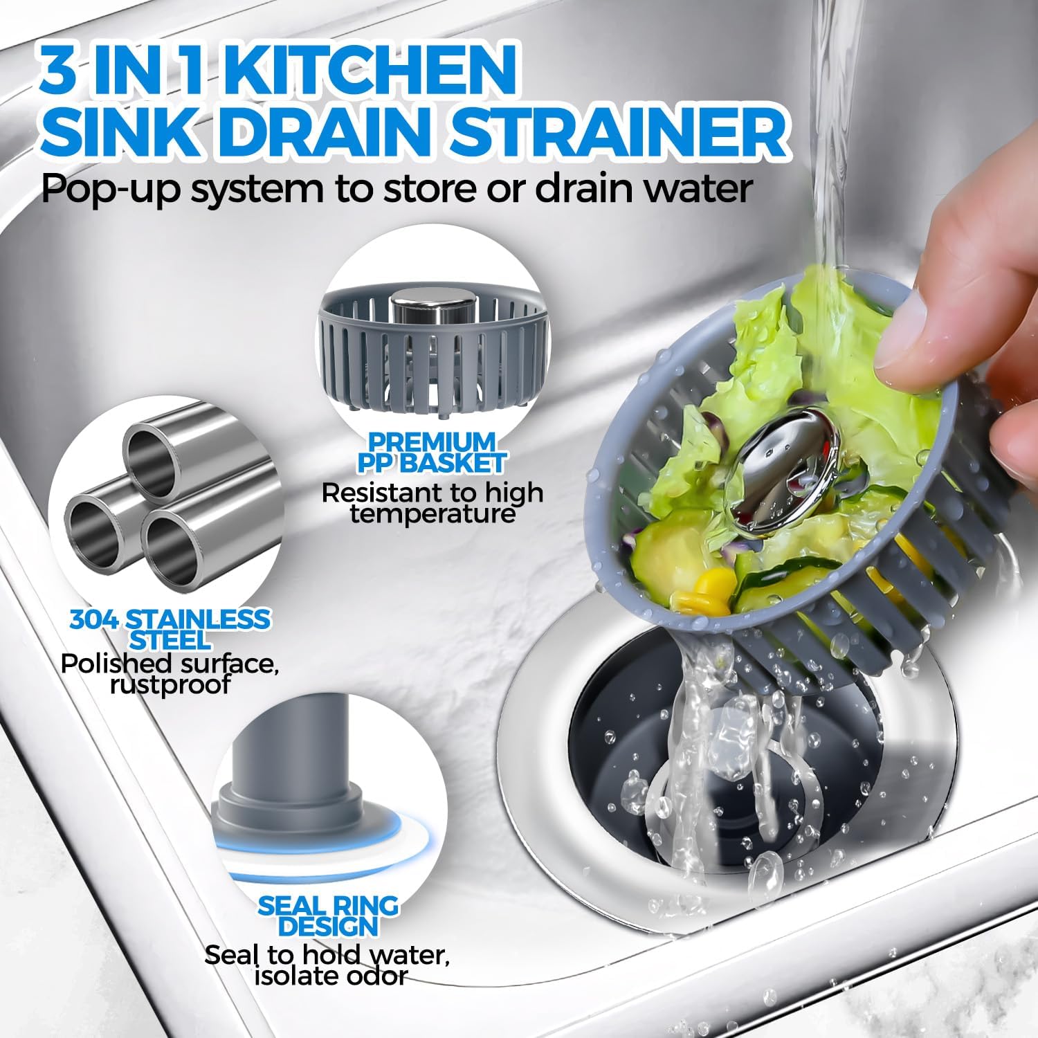 Sink Drain Strainer - Sink Stopper Kitchen Drain, 3 in 1 Kitchen Sink Drain Strainer with Anti-Clogging Basket, Kitchen Gadgets Clearance Sink Accessories, Fit US Standard 3-1/2'' Sink Hole, Silver