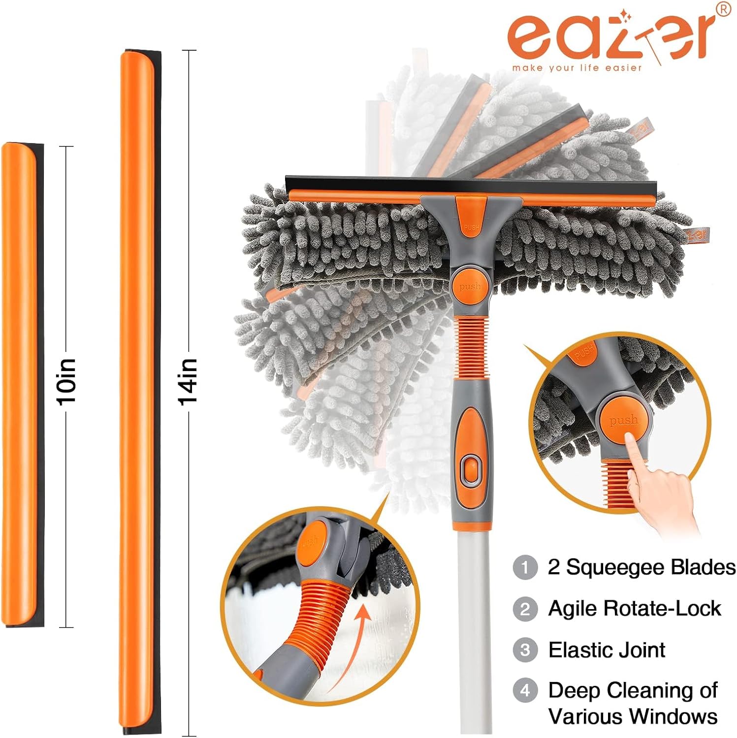 Eazer Squeegee Window Cleaner Tool, 2 in 1 Rotatable Window Cleaning Squeegee Kit with Extension Pole, 62'' Window Washing Kit, Bendable Head for Car Glass - 2 Scraper