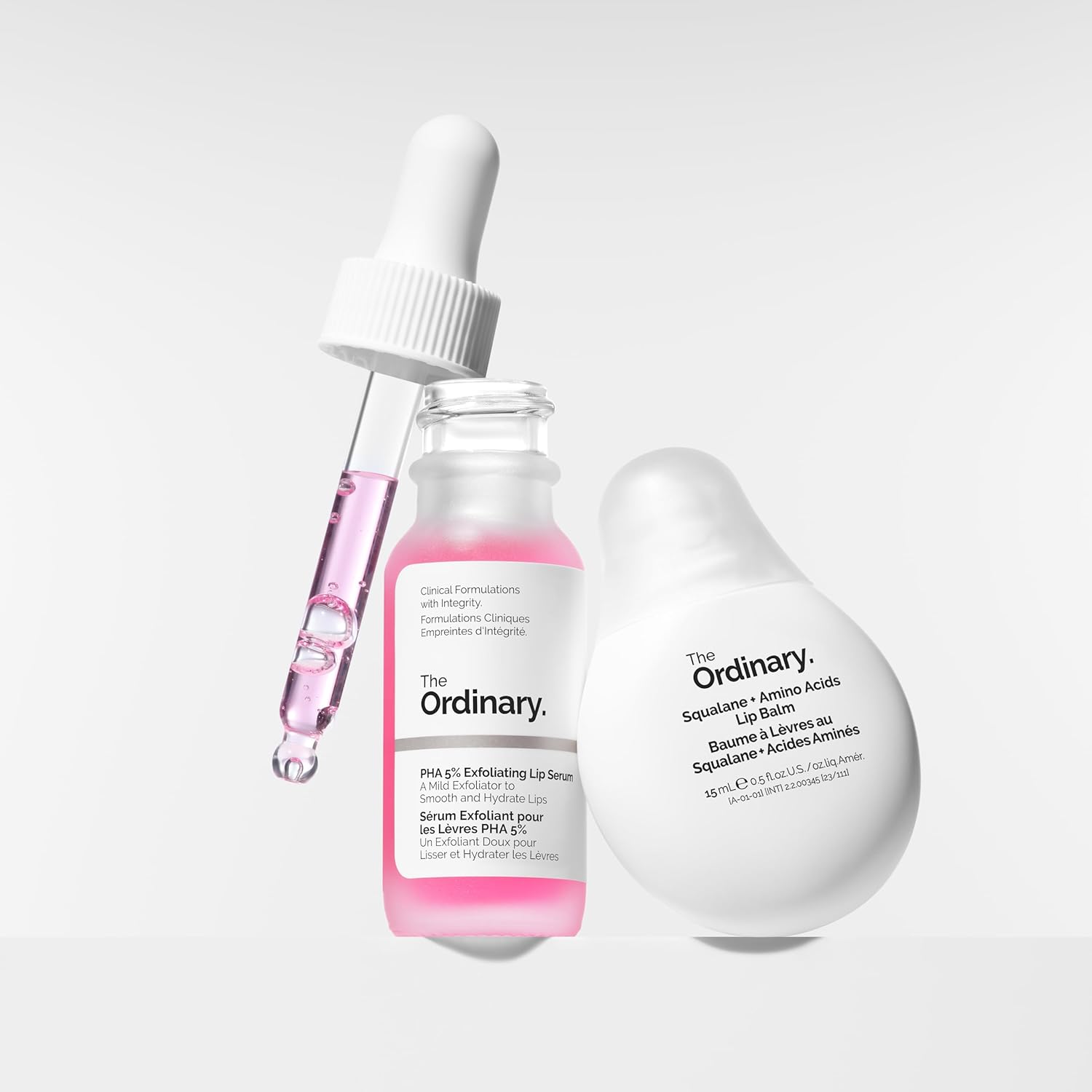 The Ordinary Lip Care Duo - Skin Care Bundle Set - PHA 5% Exfoliating Lip Serum 0.5 Fl Oz + Squalane and Amino Acids Lip Balm