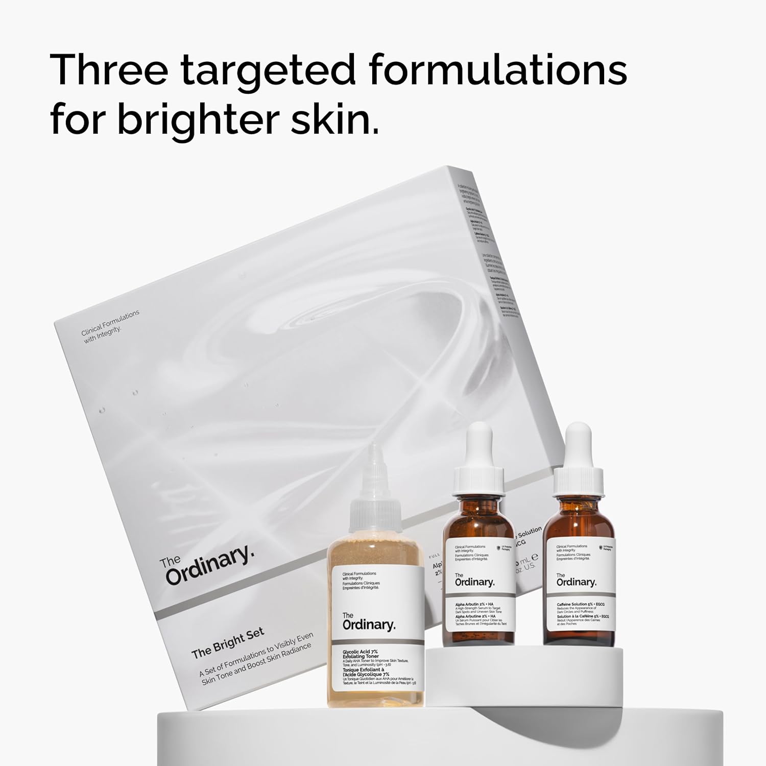 The Ordinary The Bright Set, 3-Step Regimen for Radiant, Even Skin Tone with Glycolic Acid 7% Exfoliating Toner, Alpha Arbutin 2% + HA, and Caffeine Solution 5% + EGCG Eye Serum | Skin Care Set