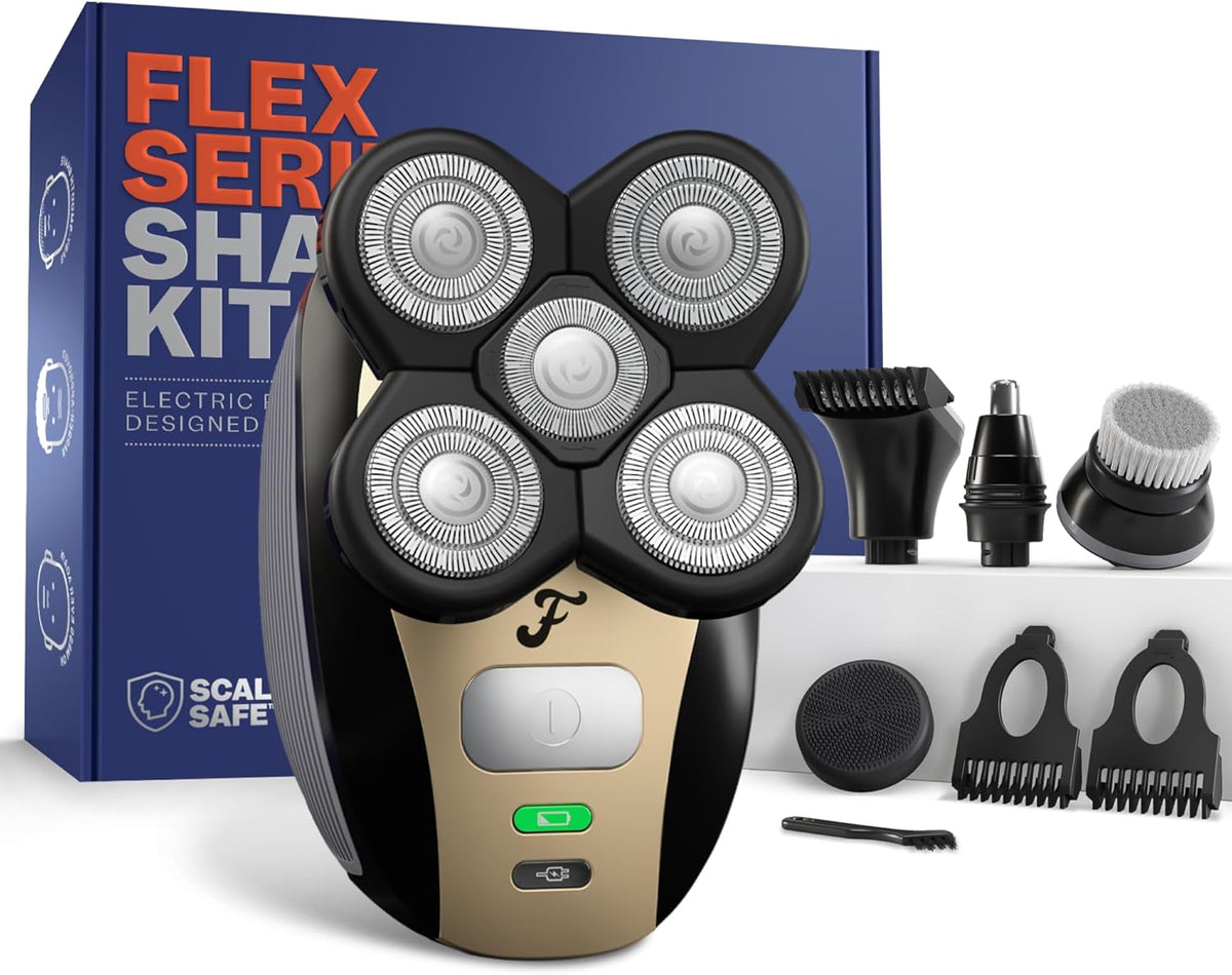 Freebird FlexSeries Electric Head & Body Hair Shaver - Mens Cordless Rechargeable Wet/Dry Skull Bald Head Back & Groin Waterproof Razor with Rotary Blades, Clippers, Nose Trimmer, Brush, Massager