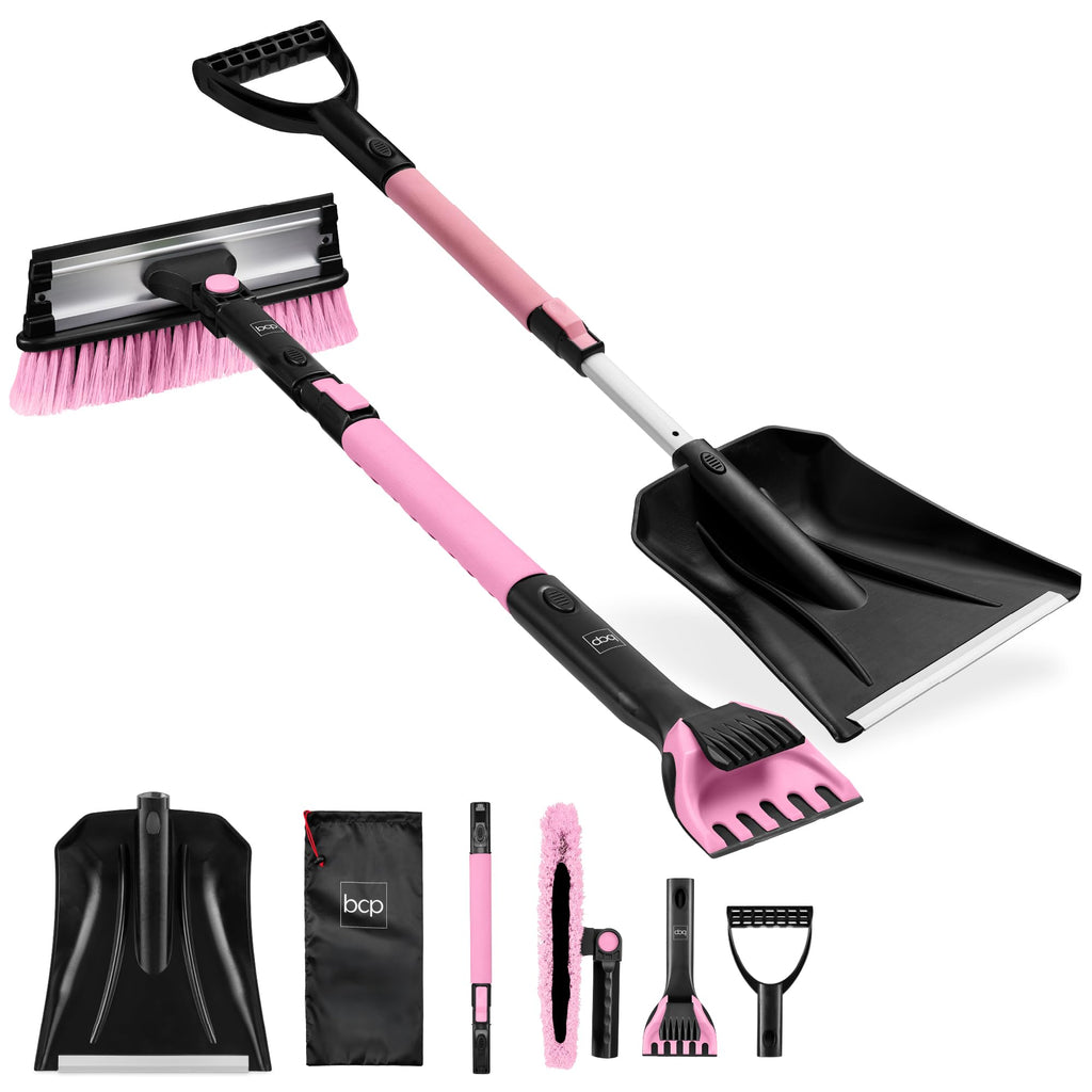 Best Choice Products 4 in 1 Snow Brush with Shovel, Squeegee & Ice Scraper, Up to 39" Extendable Foam Grip, 270° Pivoting Snow Brush for Car Truck SUV, Storage Bag Included - Lime
