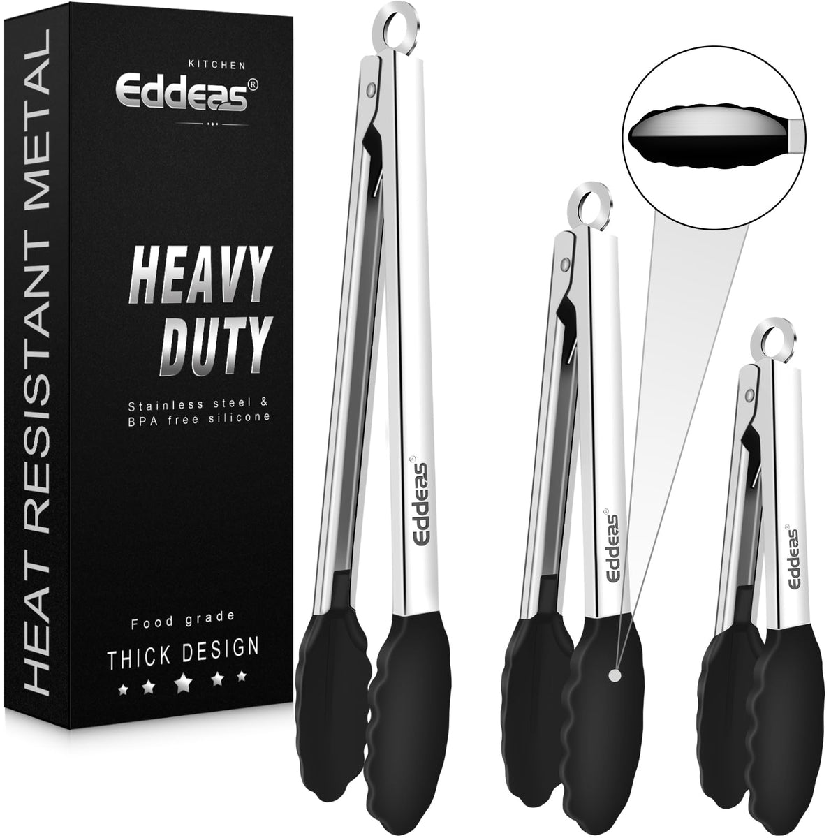 Tongs For Cooking - Heat Resistant 600 Degrees Stainless Steel Kitchen Tong,Heavy Duty Metal Locking Tongs - Perfect for Food,Salad and BBQ set of 3 (7",9" and 12") Dishwasher