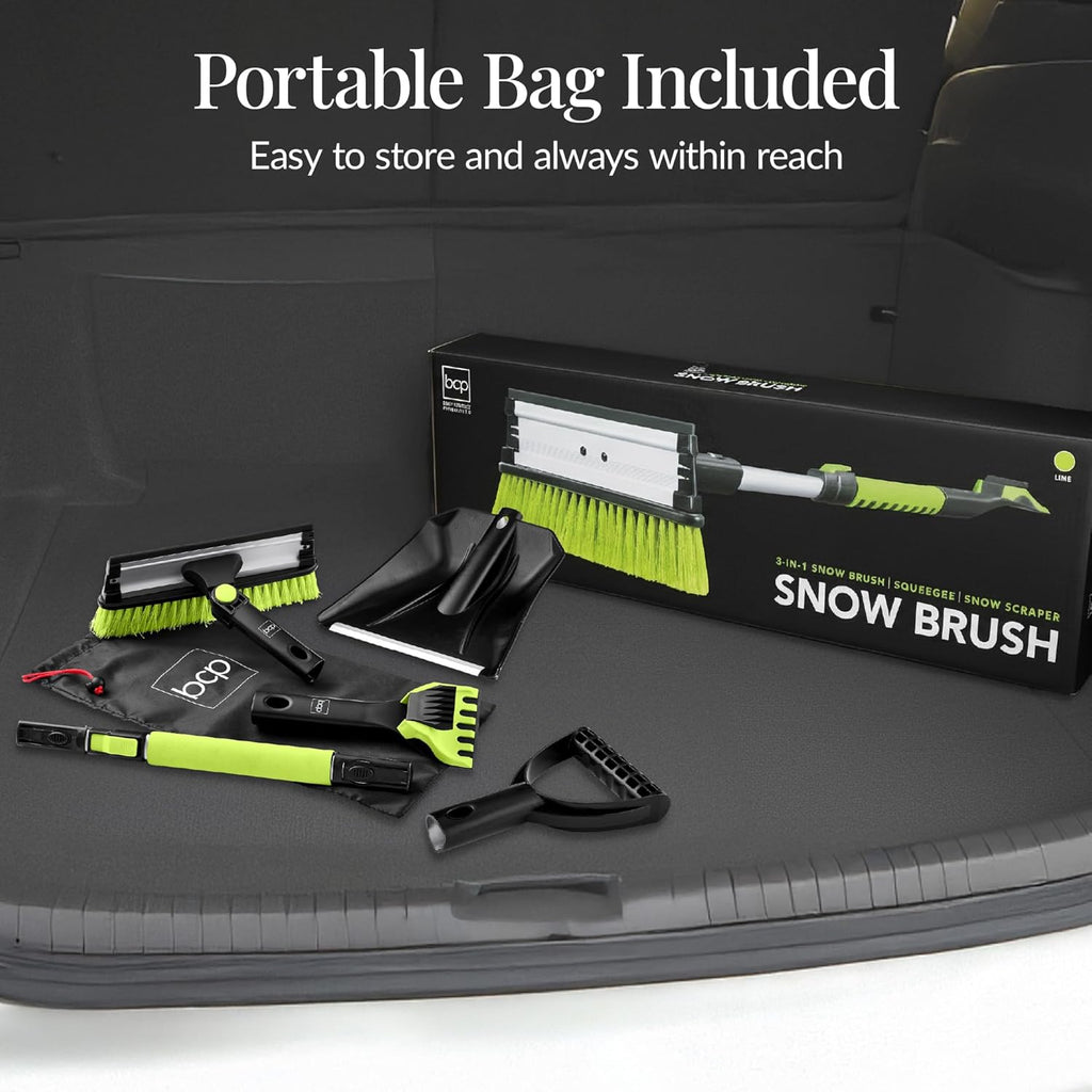 Best Choice Products 4 in 1 Snow Brush with Shovel, Squeegee & Ice Scraper, Up to 39" Extendable Foam Grip, 270° Pivoting Snow Brush for Car Truck SUV, Storage Bag Included - Lime