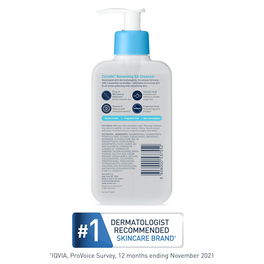 CeraVe Renewing Salicylic Acid Cleanser, Formulated With Hyaluronic Acid, Niacinamide, & Ceramides, Gentle BHA Exfoliating Face Wash Smooths & Softens Skin, Non Comedogenic & Fragrance Free, 8 Ounce