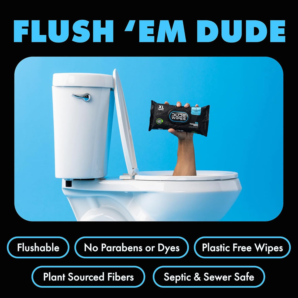 DUDE Wipes - Flushable Wipes - 6 Pack, 288 Wipes - Unscented Extra-Large Adult Wet Wipes - Vitamin-E & Aloe - Septic and Sewer Safe