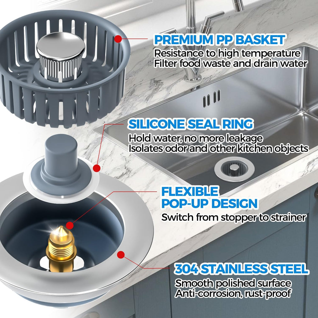 Sink Drain Strainer - Sink Stopper Kitchen Drain, 3 in 1 Kitchen Sink Drain Strainer with Anti-Clogging Basket, Kitchen Gadgets Clearance Sink Accessories, Fit US Standard 3-1/2'' Sink Hole, Silver