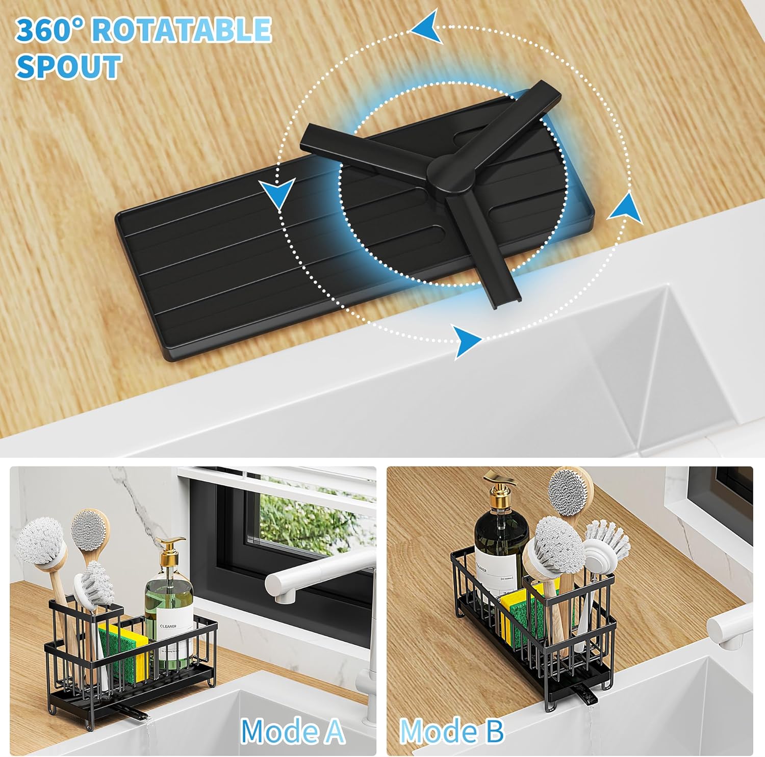 Cisily Sponge Holder for Kitchen Sink, Sink Caddy Organizer with High Brush Holder, Kitchen Countertop Organizers and Storage Essentials, Rustproof 304 Stainless Steel (Black, 9.25″)