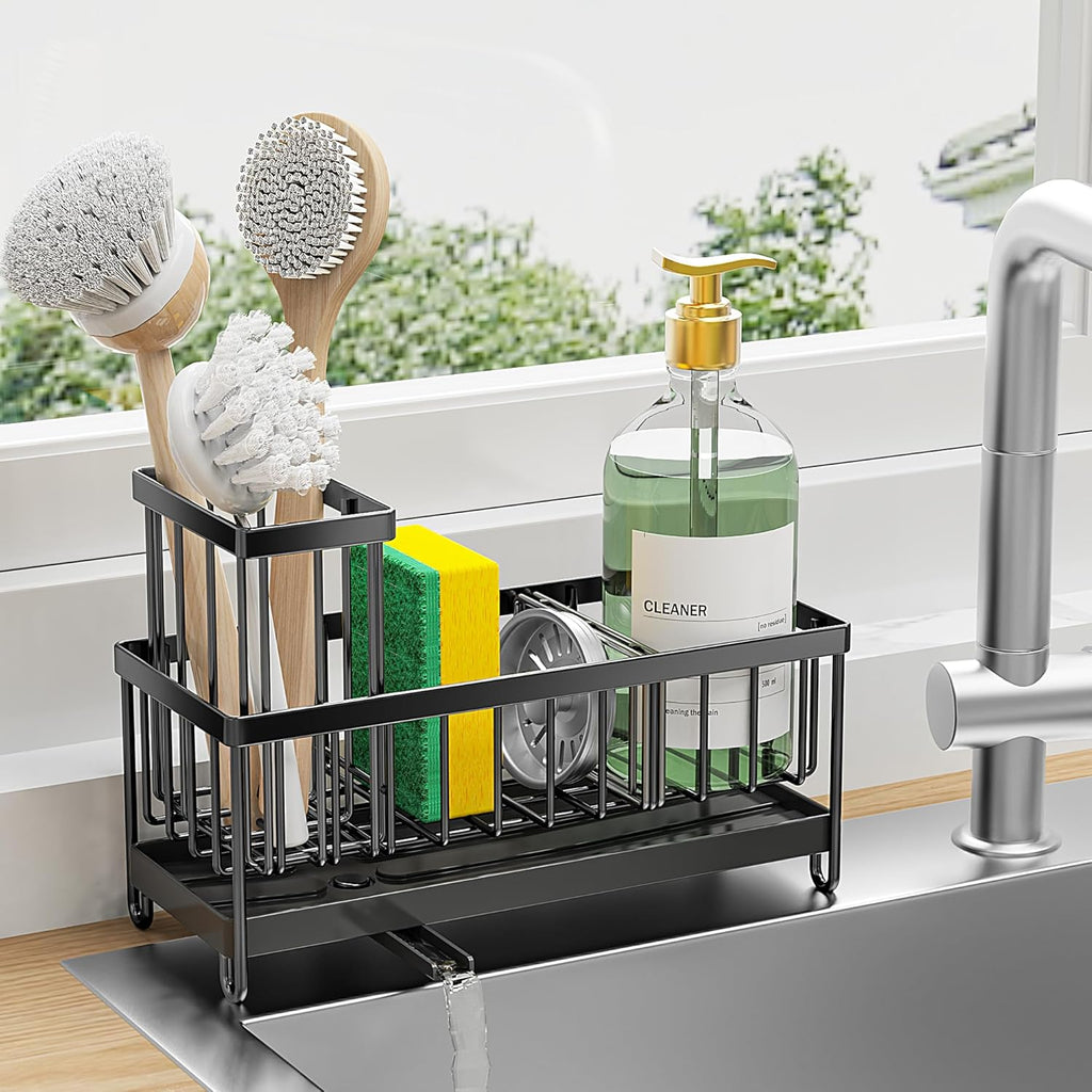 Cisily Sponge Holder for Kitchen Sink, Sink Caddy Organizer with High Brush Holder, Kitchen Countertop Organizers and Storage Essentials, Rustproof 304 Stainless Steel (Black, 9.25″)