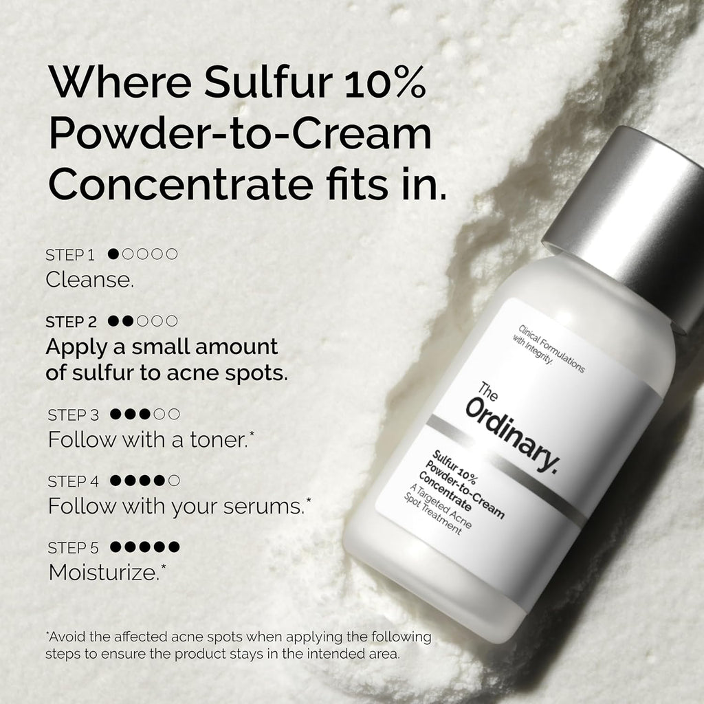 The Ordinary Sulfur 10% Powder-to-Cream Acne Spot Treatment Concentrate, Reduces Pimple Size and Zit Redness, 0.18 Oz
