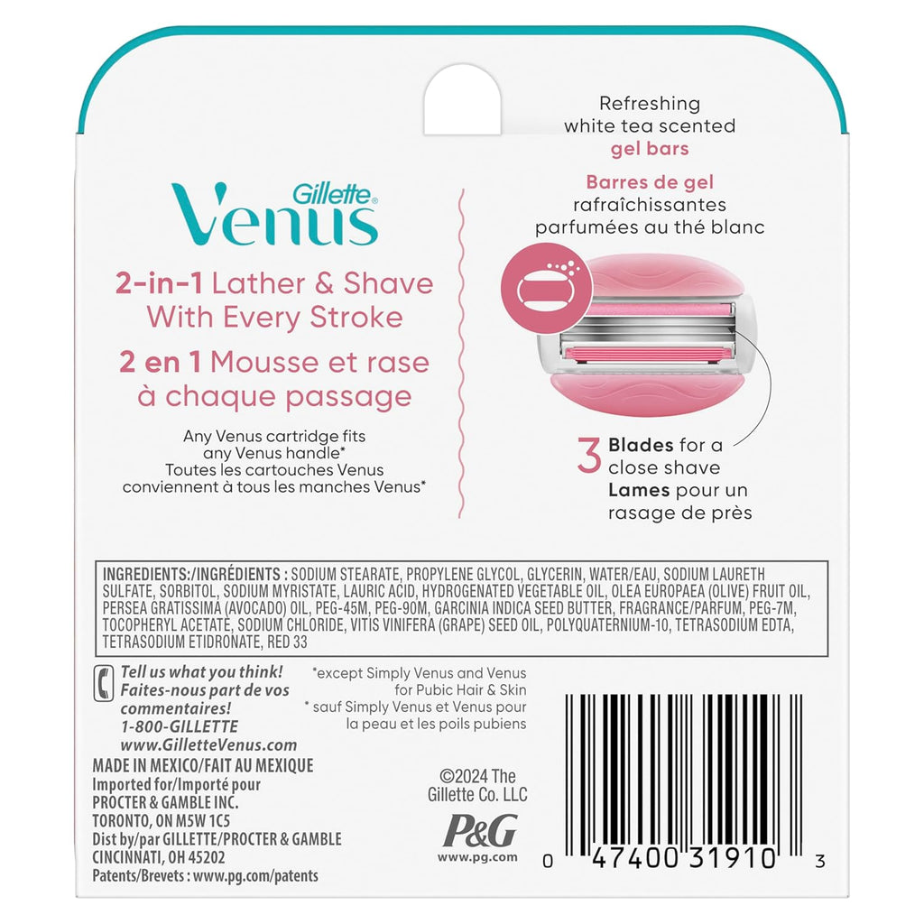 Gillette Venus ComfortGlide White Tea Women's Razor Blades, 3-Blade Razor Refills, 6 Count, Holiday Gifts for Women