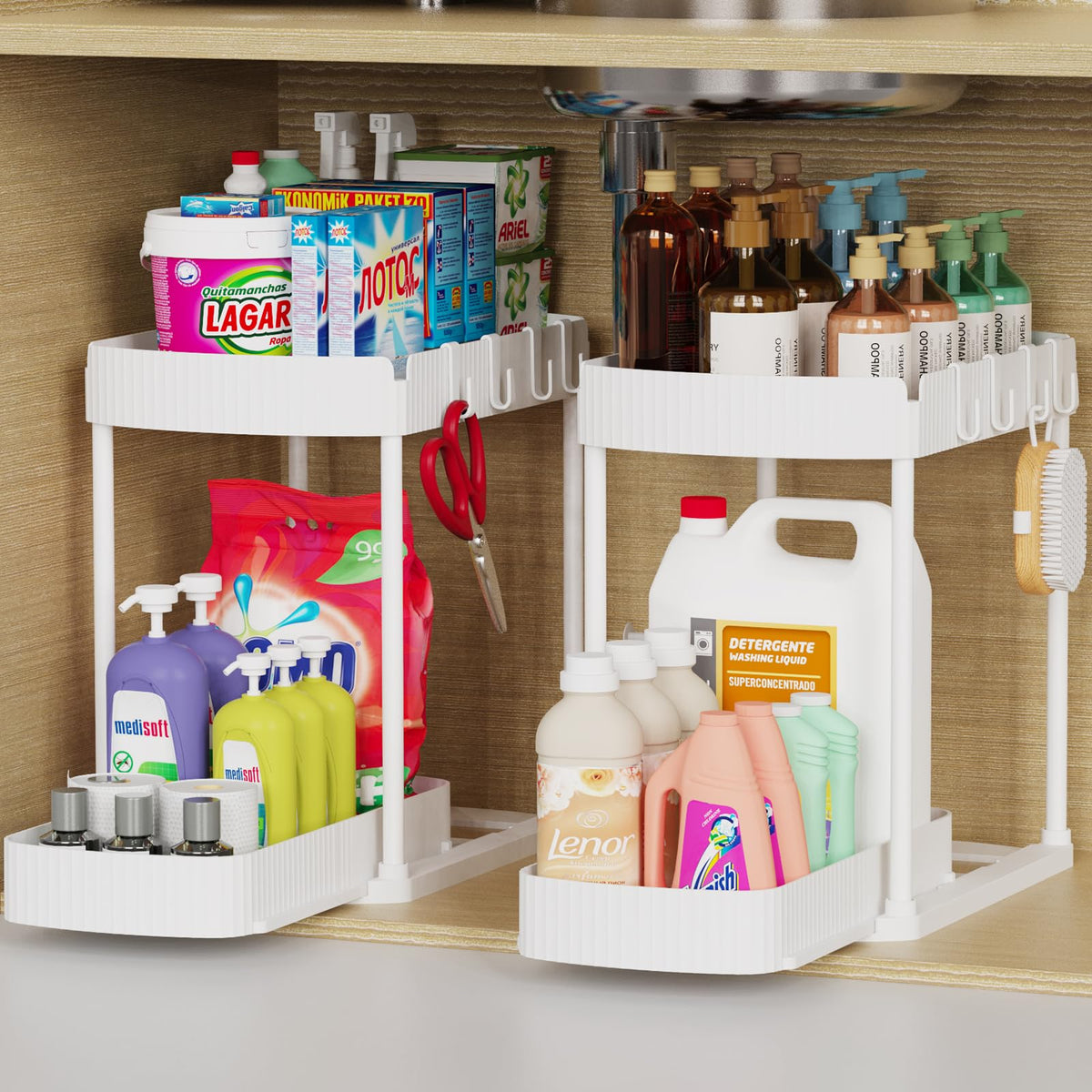 2 Pack Multi-Purpose Pull-Out Storage Organizers, Under Sink & Cabinet Storage, 12.8 Inch, White