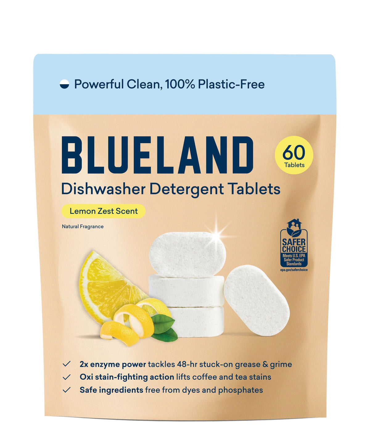 BLUELAND 100% Plastic-Free Dishwasher Detergent Tablets, 60 Count, Free & Clear, Eco-Friendly Dishwashing Pods, Natural, USDA Certified biobased