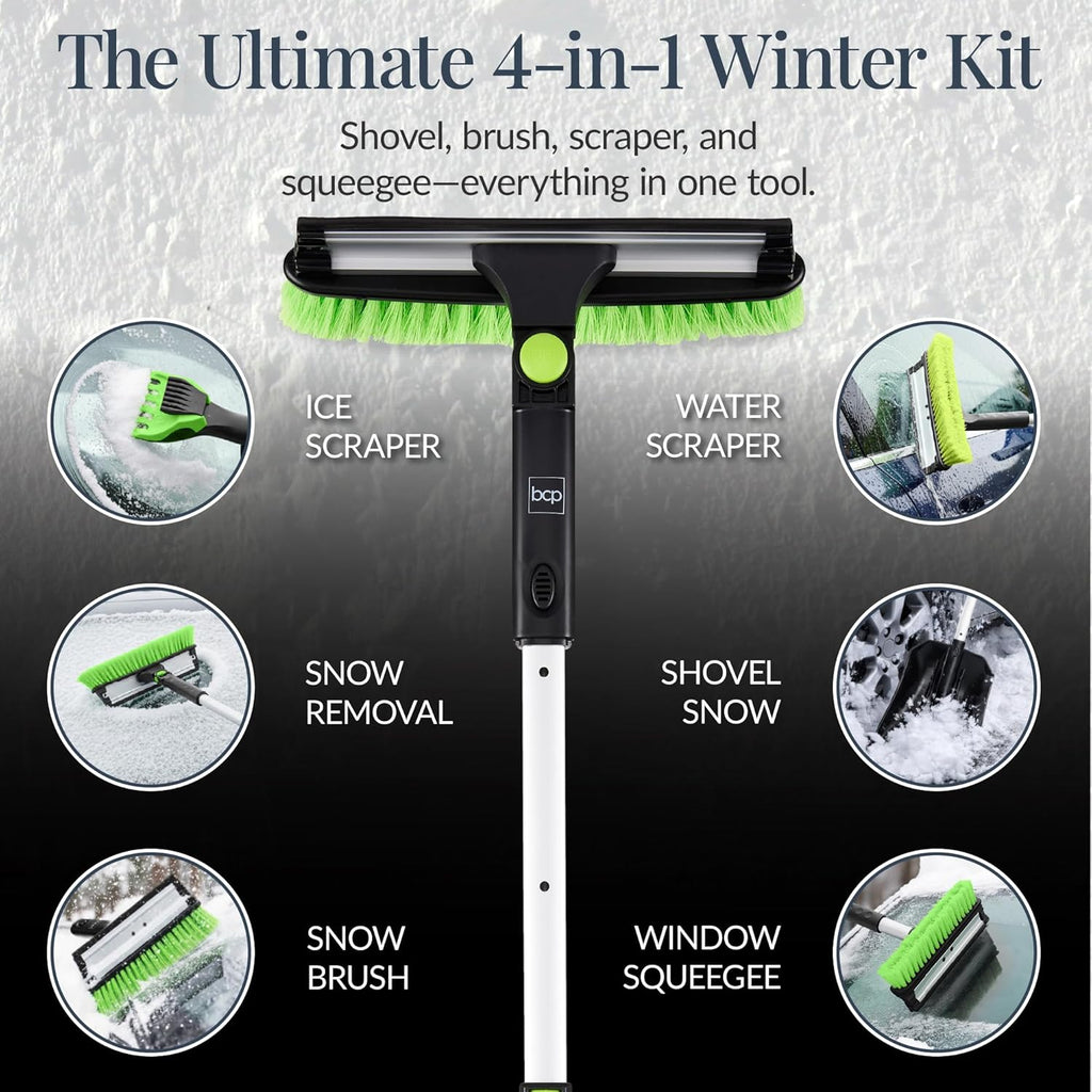 Best Choice Products 4 in 1 Snow Brush with Shovel, Squeegee & Ice Scraper, Up to 39" Extendable Foam Grip, 270° Pivoting Snow Brush for Car Truck SUV, Storage Bag Included - Lime