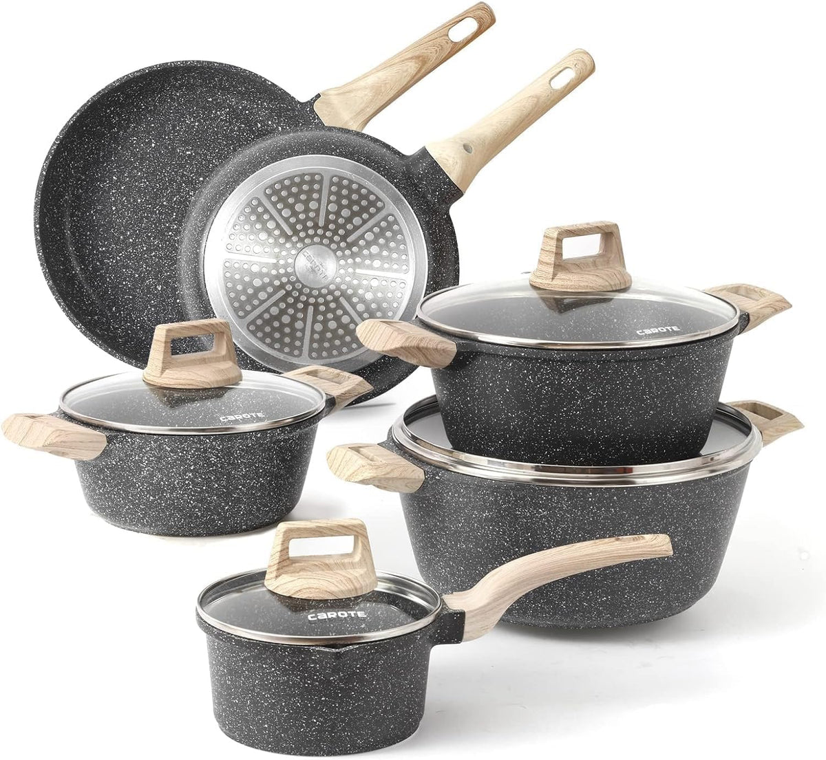 CAROTE 21Pcs Pots and Pans Set, Nonstick Cookware Sets, White Granite Induction Cookware Non Stick Cooking Set w/Frying Pans & Saucepans(PFOS, PFOA Free)