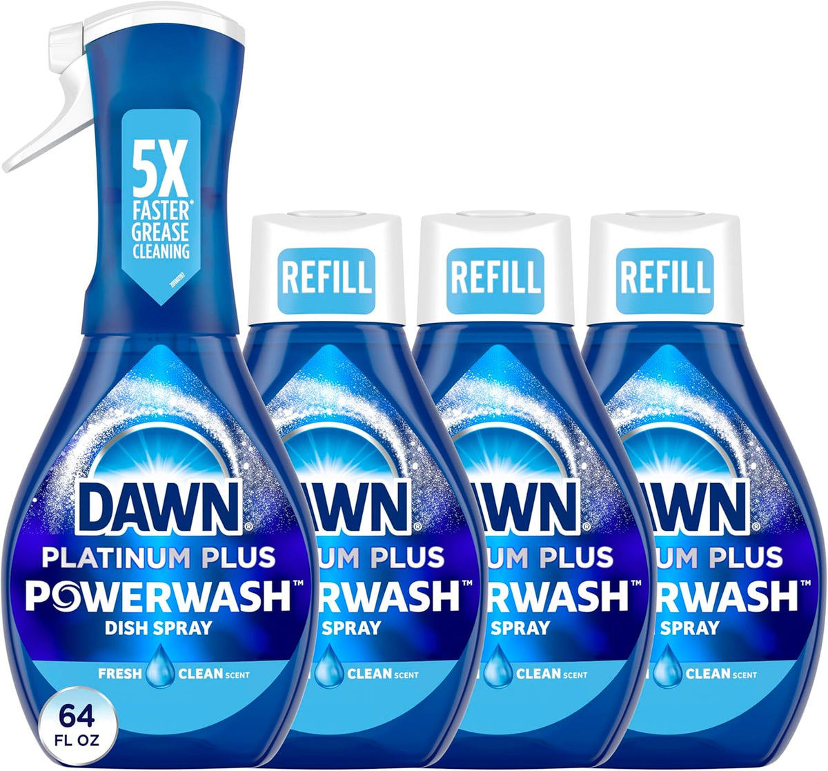 Dawn Platinum Powerwash Dish Spray, Dish Soap Liquid, Fresh Scent Bundle, 1 Spray + 3 Refills, 16oz Each (Pack of 4)