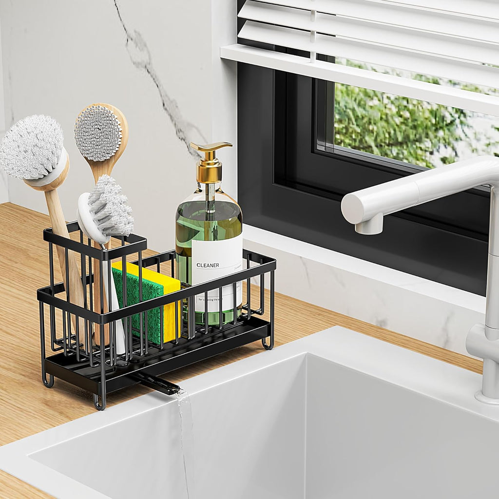 Cisily Sponge Holder for Kitchen Sink, Sink Caddy Organizer with High Brush Holder, Kitchen Countertop Organizers and Storage Essentials, Rustproof 304 Stainless Steel (Black, 9.25″)