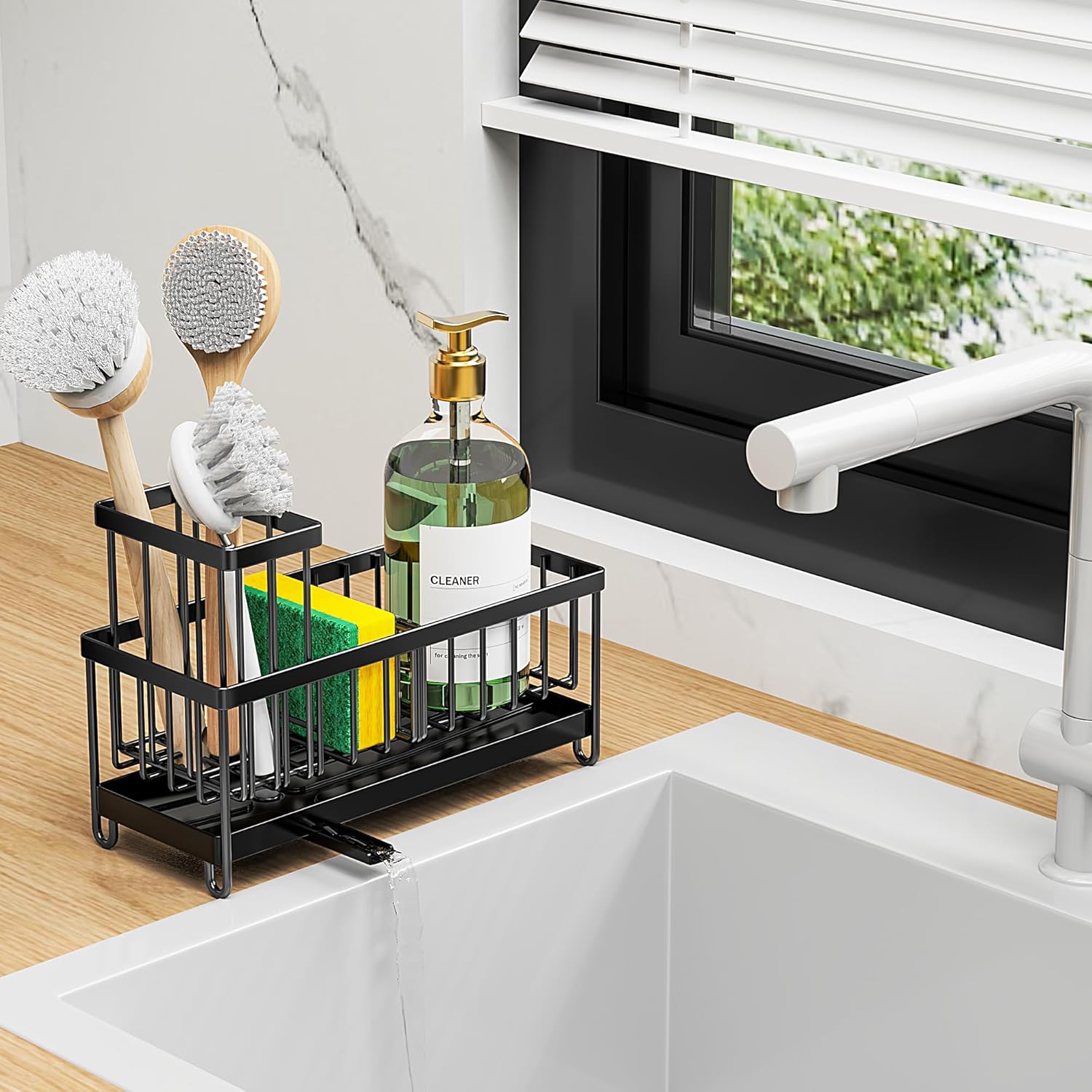 Cisily Sponge Holder for Kitchen Sink, Sink Caddy Organizer with High Brush Holder, Kitchen Countertop Organizers and Storage Essentials, Rustproof 304 Stainless Steel (Black, 9.25″)