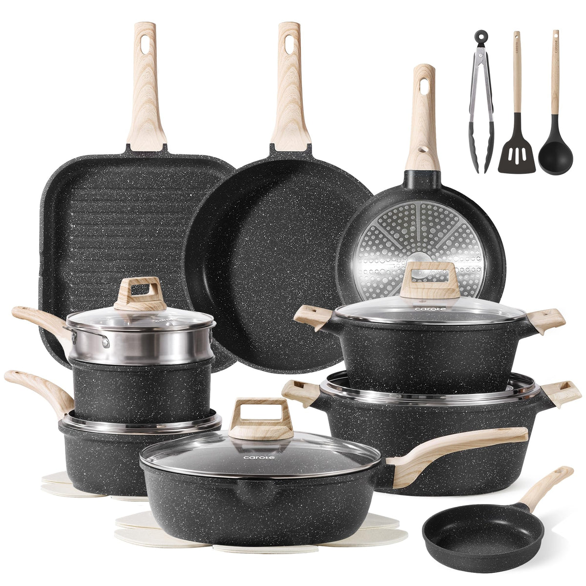 CAROTE 44pcs Pots and Pan Set Nonstick, Cookware Sets, Cooking Set Non Stick, Induction Cook Ware with Bakeware Set, Kitchen Knife Set