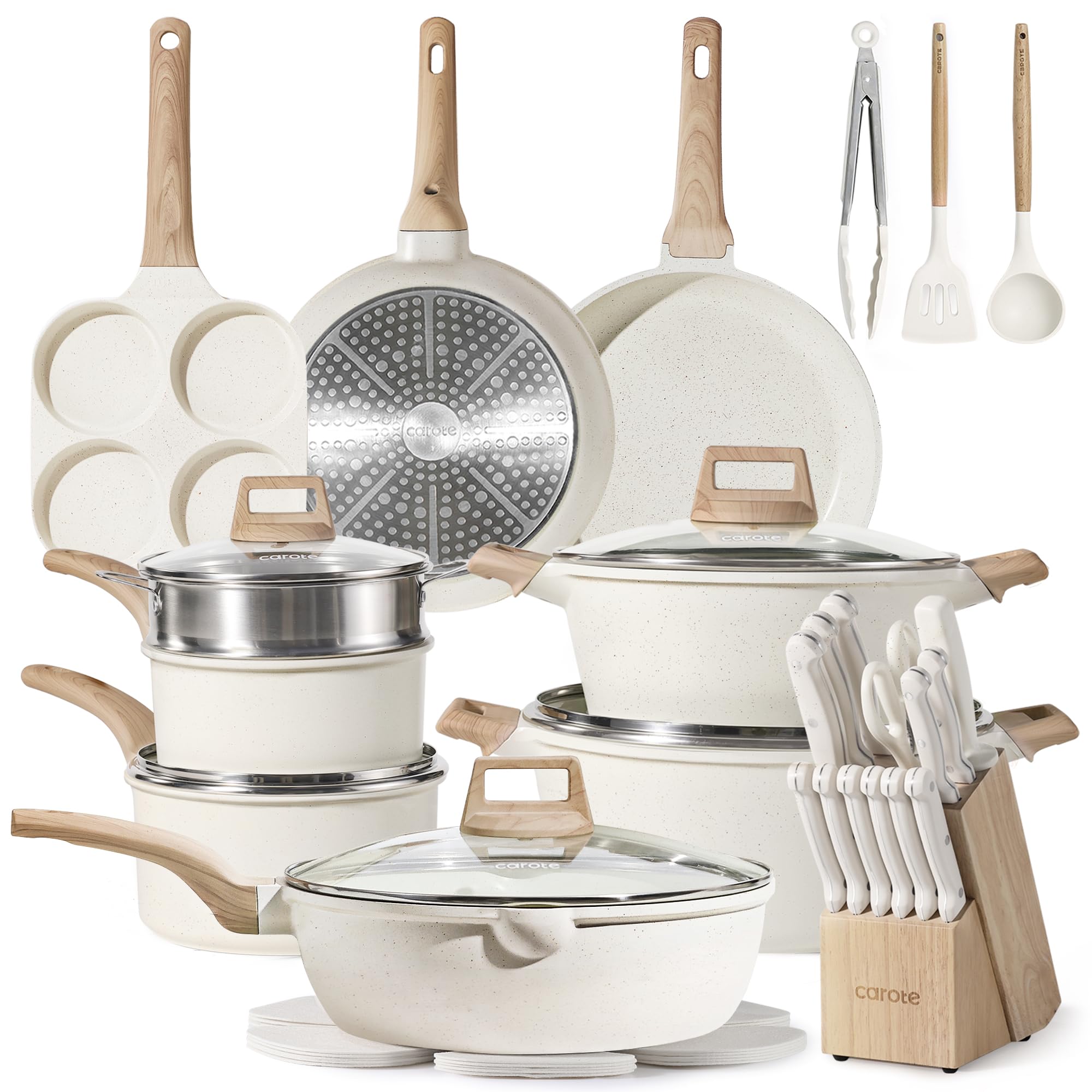 CAROTE 44pcs Pots and Pan Set Nonstick, Cookware Sets, Cooking Set Non Stick, Induction Cook Ware with Bakeware Set, Kitchen Knife Set