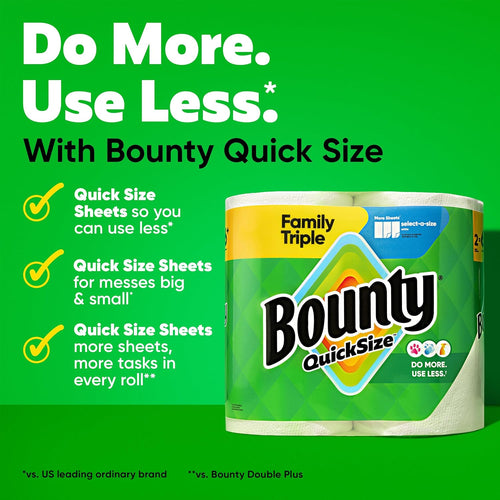 Bounty Quick-Size Paper Towels, White, 12 Family Triple Rolls = 40 Regular Rolls