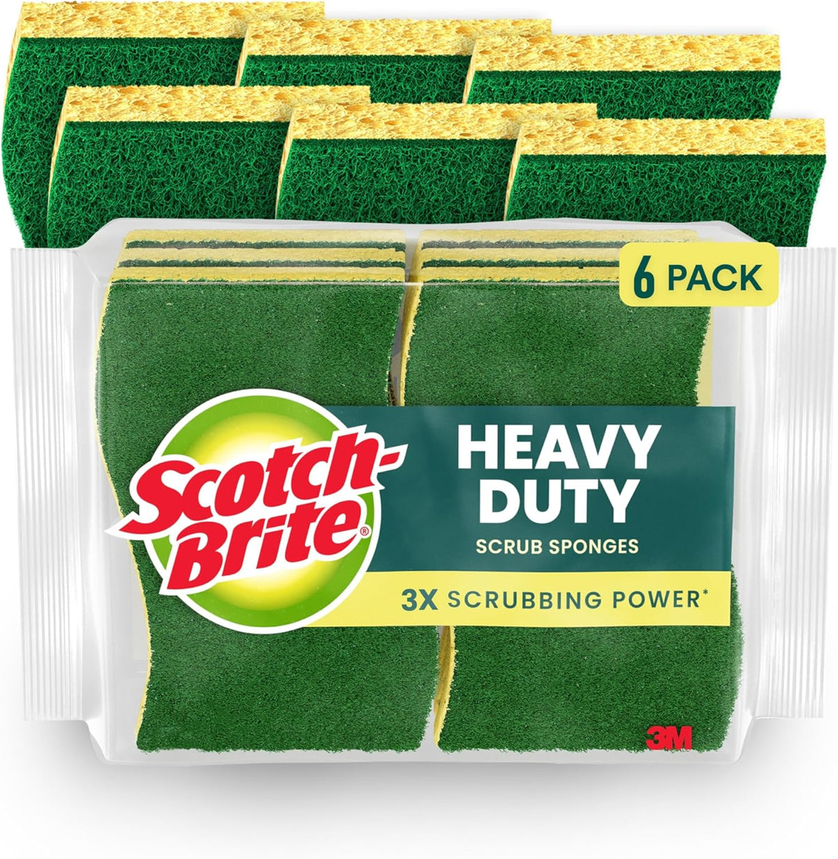 Scotch-Brite Heavy Duty Scrub Sponge, 6 Kitchen Sponges Designed for Tough Messes in the Kitchen that Last 3X Longer*, Best for Cast Iron Skillets and Outdoor Grills, Flexible, Durable, and Strong